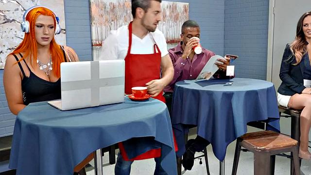 Thick redhead tgirl pounding boyfriend and dyke in kinky threesome