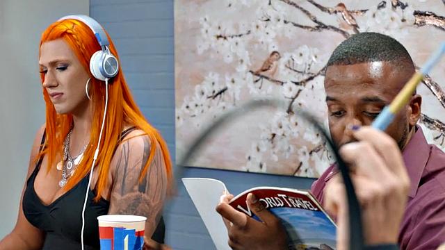 Thick redhead tgirl pounding boyfriend and dyke in kinky threesome