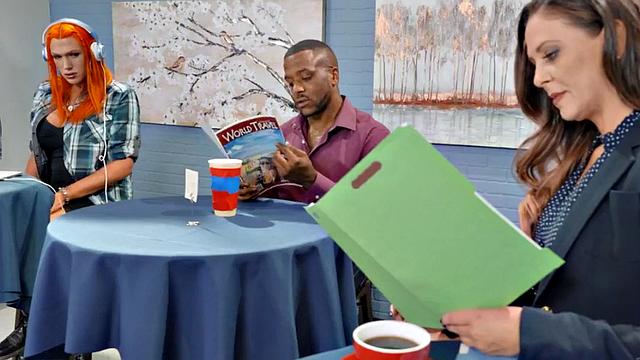 Thick redhead tgirl pounding boyfriend and dyke in kinky threesome