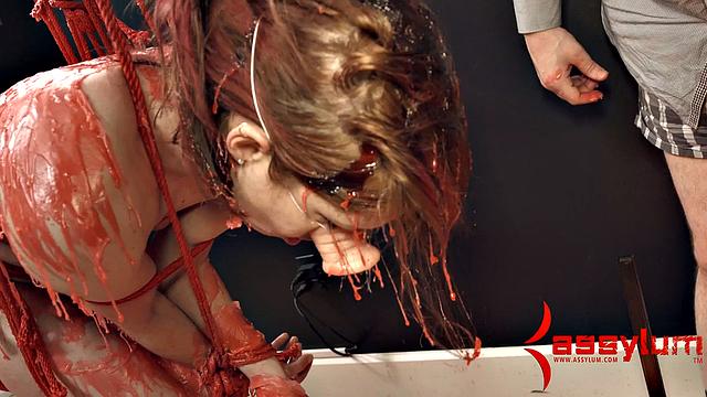 Bound suspended sub waxed anal fuck