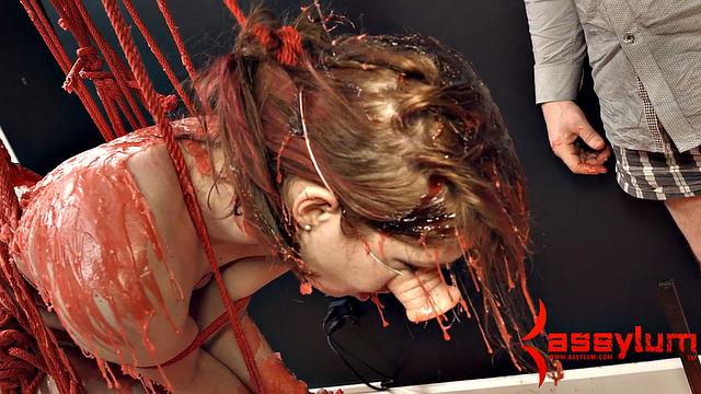 Bound suspended sub waxed anal fuck