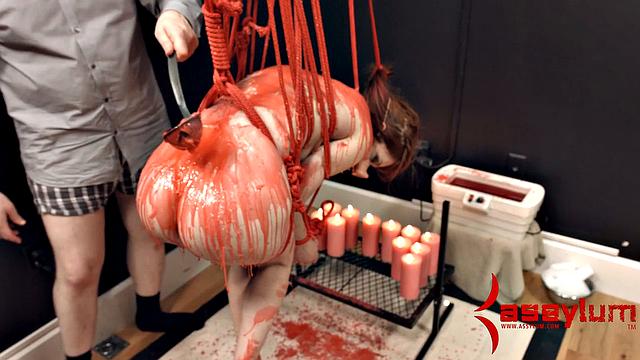 Bound suspended sub waxed anal fuck