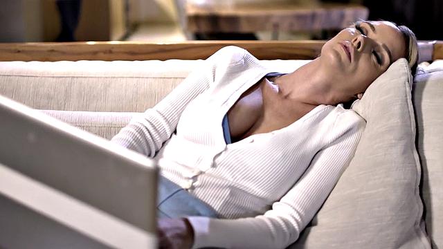 Greedy MILF rides stud cock after resting on couch