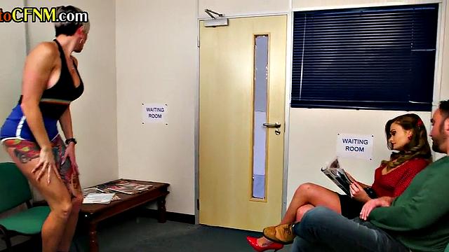 CFNM British MILFS give group BJ in waiting room
