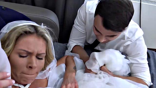 DEBT4k. Curly blonde enjoys sex while cuckold groom watches