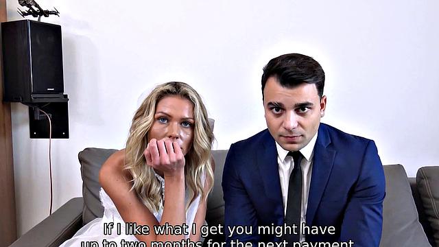 DEBT4k. Curly blonde enjoys sex while cuckold groom watches