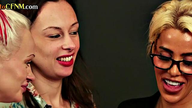 CFNM MILFs tugging cock in 3-way before letting him cum