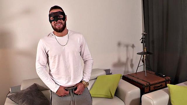 Athletic masked jock wanks cock and cums after casting