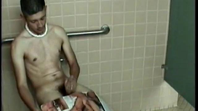 Straight boy Ethan needs to relieve the pressure. So, he goes into a public toilet to jack off.