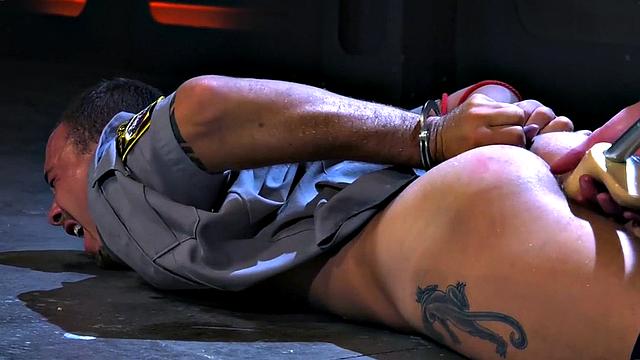 Tied up cop dildo fucked by jock during kinky duo