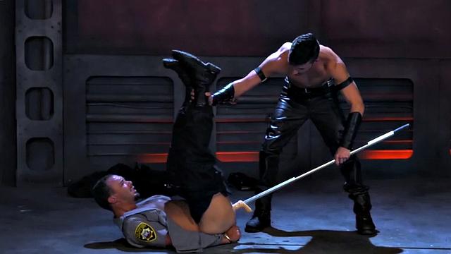 Tied up cop dildo fucked by jock during kinky duo