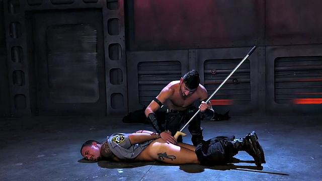 Tied up cop dildo fucked by jock during kinky duo