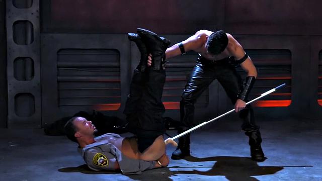 Tied up cop dildo fucked by jock during kinky duo