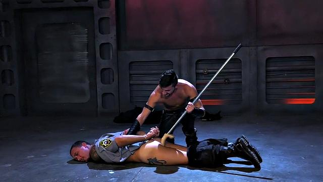 Tied up cop dildo fucked by jock during kinky duo