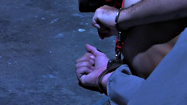 Tied up cop dildo fucked by jock during kinky duo