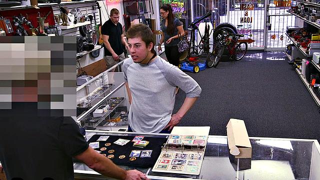 Paid pawnshop guy gets sucked in office voyeur blowjob