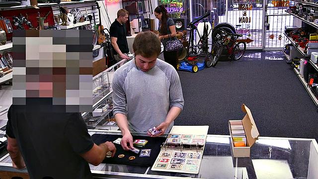 Paid pawnshop guy gets sucked in office voyeur blowjob