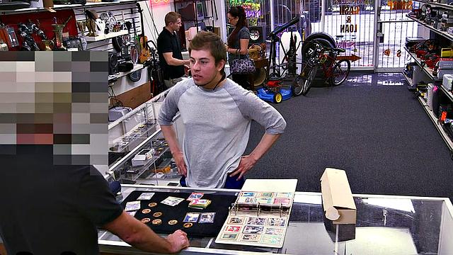 Paid pawnshop guy gets sucked in office voyeur blowjob