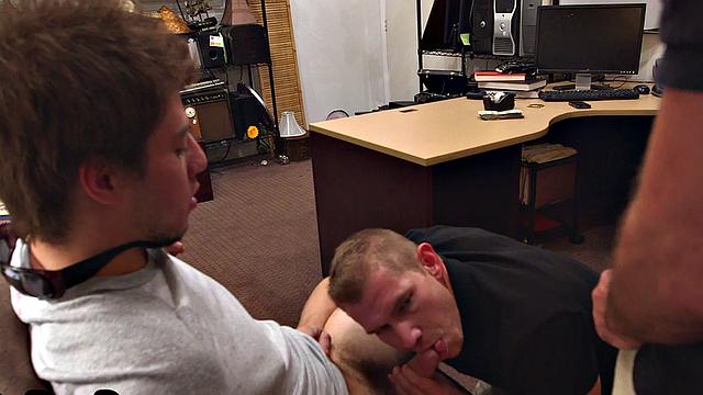 Paid pawnshop guy gets sucked in office voyeur blowjob