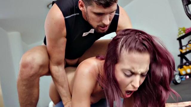 Fitness redhead pumped at the gym before creampie