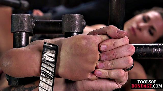 Tied up sub slut gets her feet used by domino master