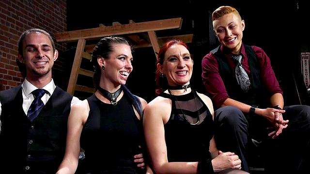 Watch these kinky sluts get their tight pussies and tight cocks stretched in a rough BDSM group session with painful pleasures