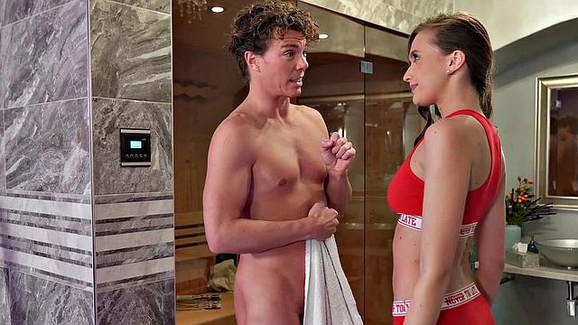 VIP4K. Naked dude meets chick with stunning body in her sauna