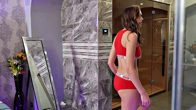 VIP4K. Naked dude meets chick with stunning body in her sauna