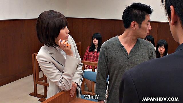 Shiori Uehara and Sena Sakura are fucked in a courtroom foursome