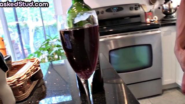 Chiseled god strips and tugs cock