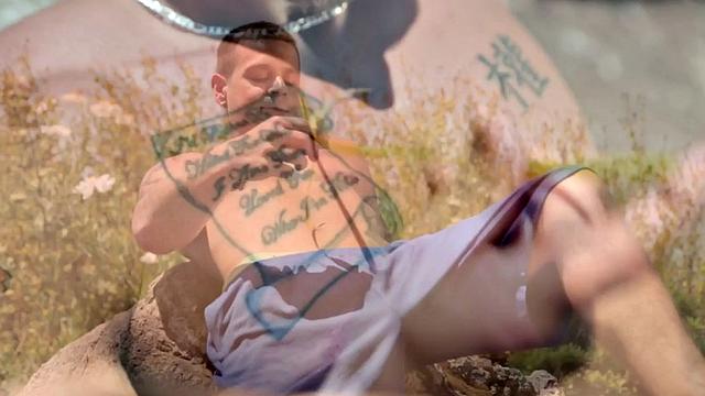 Muscled tattoo amateur strips and masturbates indoors