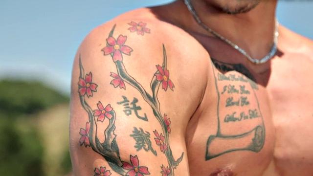 Muscled tattoo amateur strips and masturbates indoors