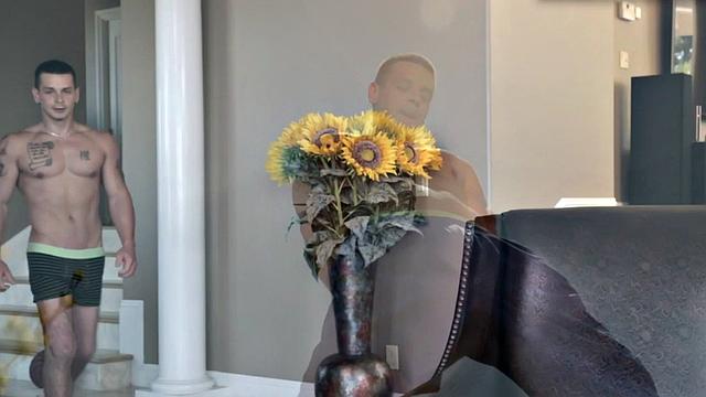 Muscled tattoo amateur strips and masturbates indoors