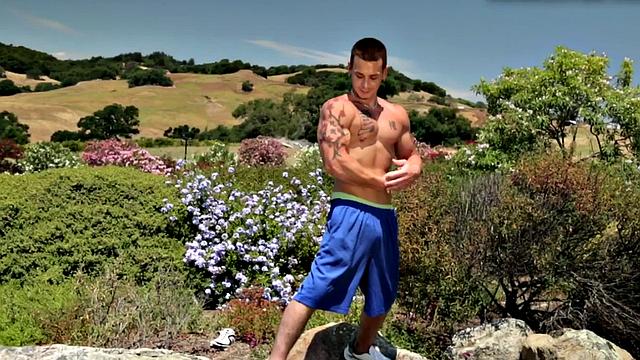 Muscled tattoo amateur strips and masturbates indoors