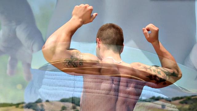 Muscled tattoo amateur strips and masturbates indoors