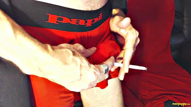Richard Lennox Smokes Cock Alone In Red Underwear