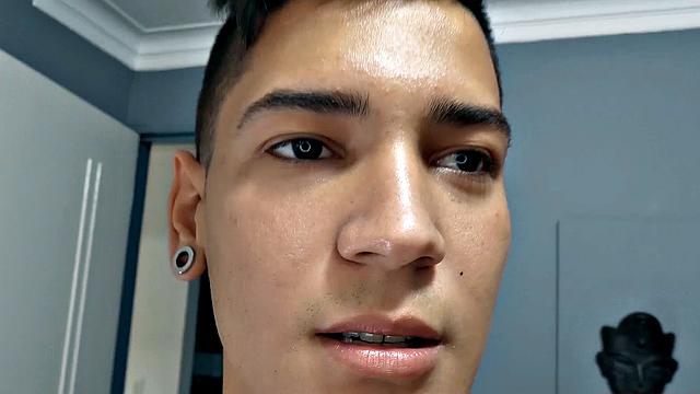 El Diablo strips naked and gives us a good look at his fine little butt, before sitting on the edge of a bed to work up a stiff one. Rock hard, the young Latino gets busy jerking off.