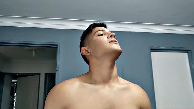 El Diablo strips naked and gives us a good look at his fine little butt, before sitting on the edge of a bed to work up a stiff one. Rock hard, the young Latino gets busy jerking off.