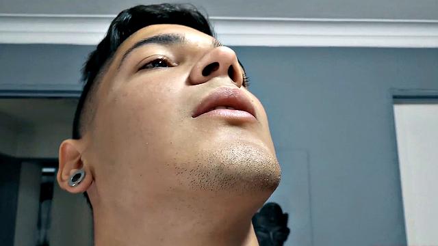 El Diablo strips naked and gives us a good look at his fine little butt, before sitting on the edge of a bed to work up a stiff one. Rock hard, the young Latino gets busy jerking off.