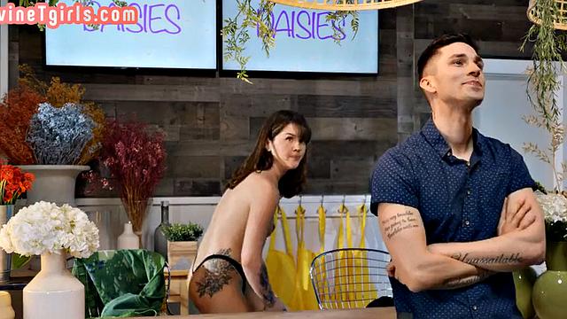 TS babe from flower shop fucked bareback in anal 3some