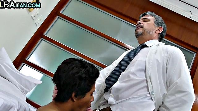 Mature doctor barebacks Asian twink on medical check