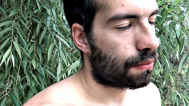 Three horny men hook up outdoors while a stranger joins and fills his mouth and ass with cock