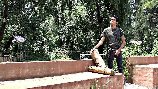 Three horny men hook up outdoors while a stranger joins and fills his mouth and ass with cock