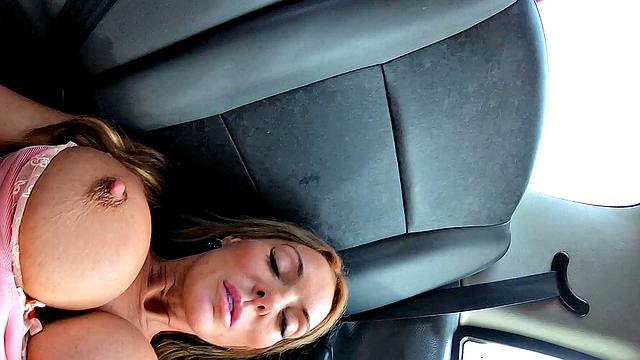 British MILF with tattoos pleasures herself in thong and boots while getting fucked in car