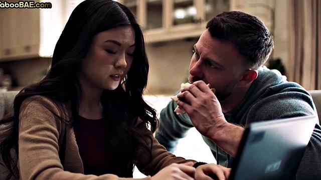 Cute Asian sharing BF's cock in 3way after argument