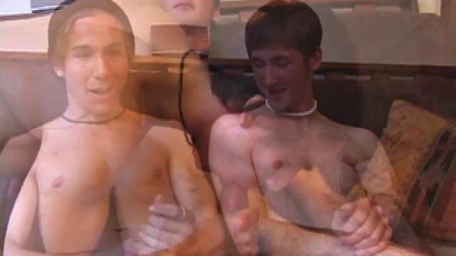 Brock is about to jack off while watching porn when Michael walks in. With no way to skateboard in the rain, he joins Brock on the sofa. Both are straight but have no problem jacking off next to each other.