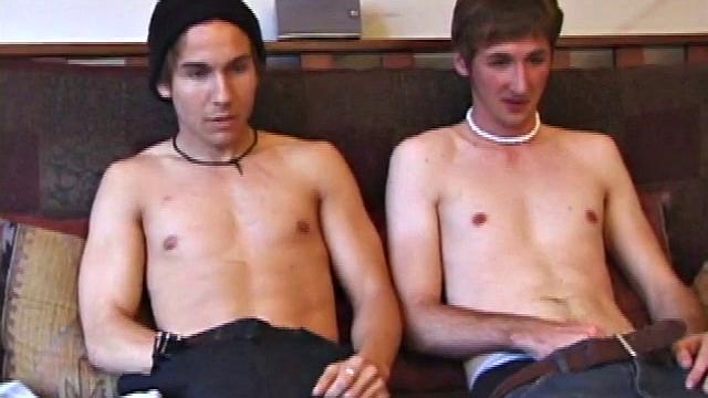 Brock is about to jack off while watching porn when Michael walks in. With no way to skateboard in the rain, he joins Brock on the sofa. Both are straight but have no problem jacking off next to each other.