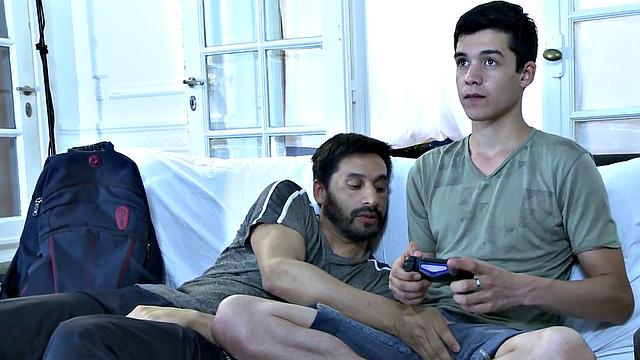 Barebacking DILF fucks Latin twink at home after sport