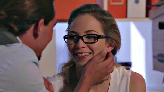 Watch as office girl with glasses and high heels gives a sloppy blowjob and deepthroats her colleague in doggystyle