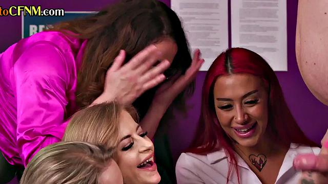 CFNM British office femdoms jerk n suck in group till cumshot